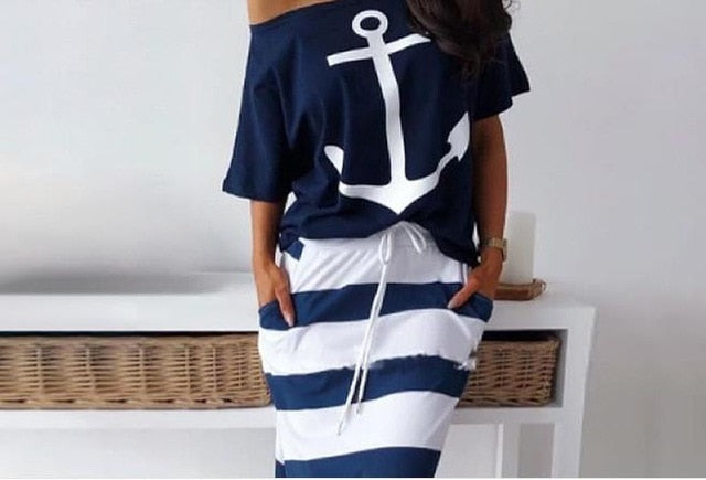 Women Two Piece Sets Boat Anchor Print T-Shirt & Striped Skirt Sets Casual Ankle-Length Fashion Off Shoulder Maxi Striped Skirt