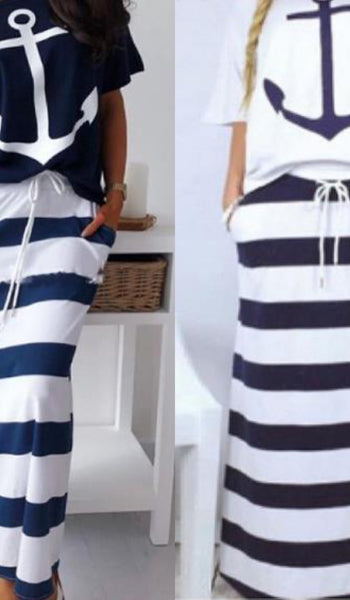Women Two Piece Sets Boat Anchor Print T-Shirt & Striped Skirt Sets Casual Ankle-Length Fashion Off Shoulder Maxi Striped Skirt