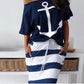 Women Two Piece Sets Boat Anchor Print T-Shirt & Striped Skirt Sets Casual Ankle-Length Fashion Off Shoulder Maxi Striped Skirt