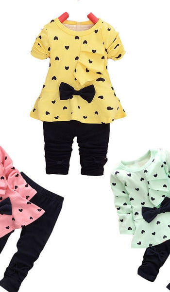 New Baby Sets Heart-Shaped Print Bow Cute Kids Set T Shirt + Pants