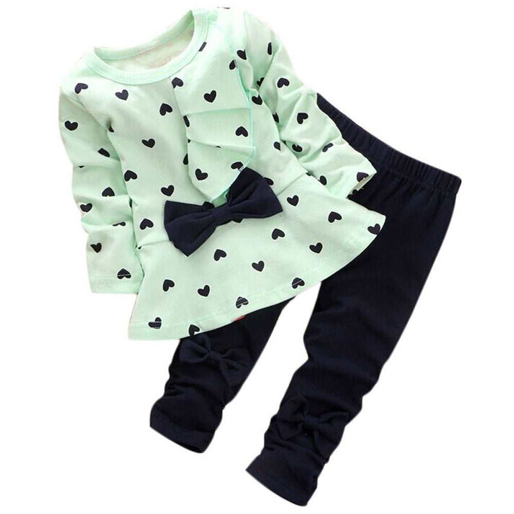 New Baby Sets Heart-Shaped Print Bow Cute Kids Set T Shirt + Pants