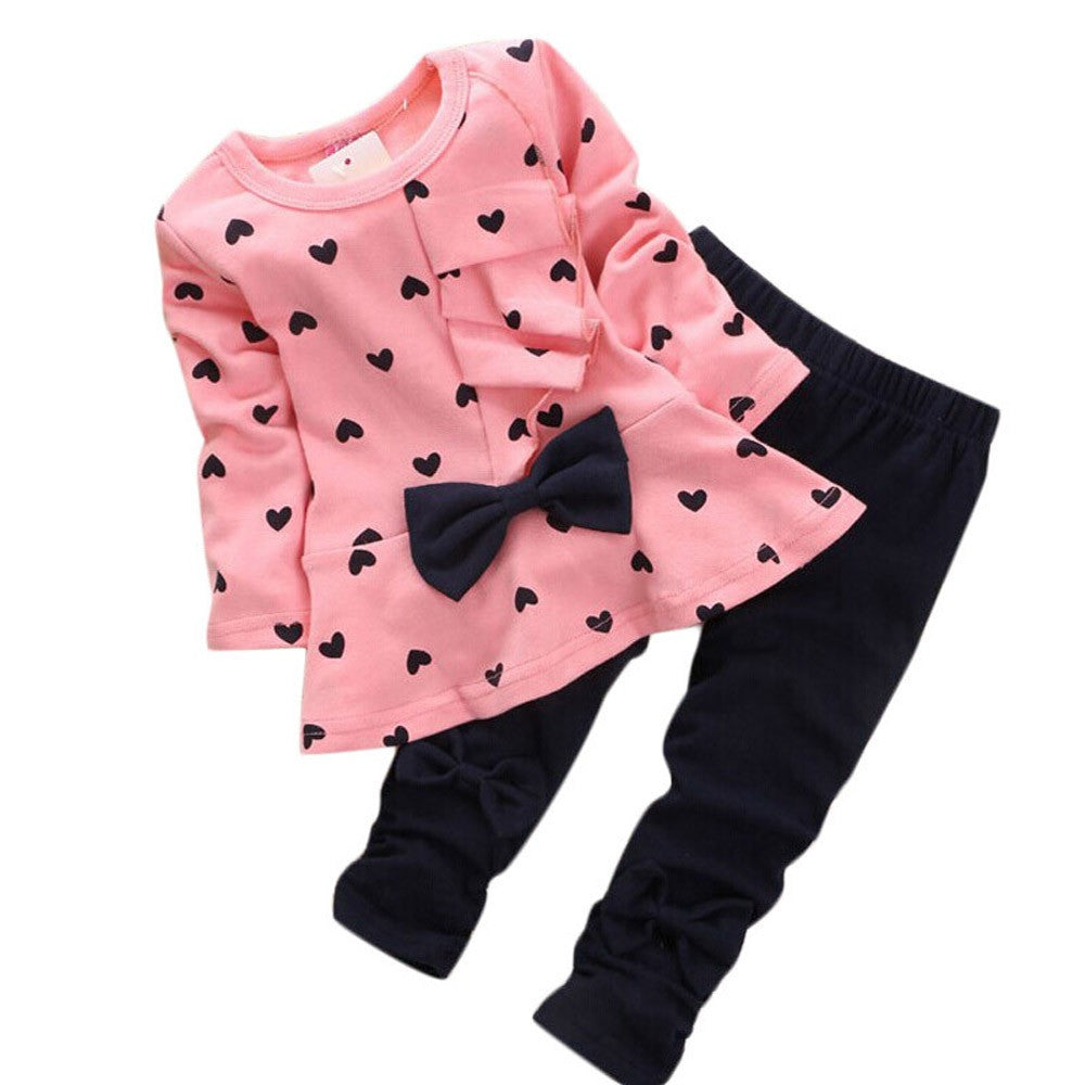 New Baby Sets Heart-Shaped Print Bow Cute Kids Set T Shirt + Pants